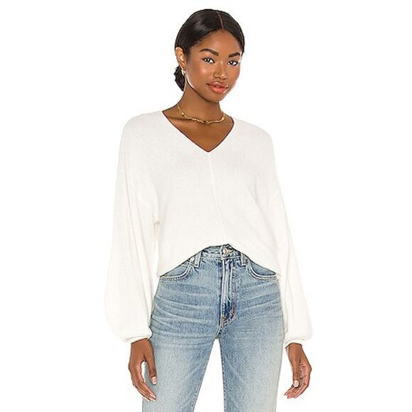 1 State V Neck Ribbed Knit Balloon Sleeve Pullover Sweater White Cream Large NWT - Picture 6 of 12